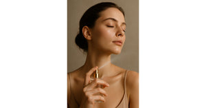 Femme avec une peau soigné qui se parfume avec un Parfum Chogan
