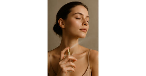 Femme avec une peau soigné qui se parfume avec un Parfum Chogan