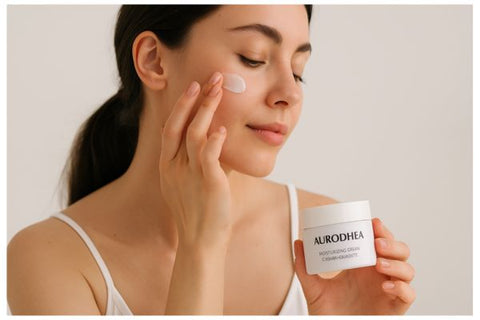 Femme souriante appliquant une crème Aurodhea sur son visage – soin du visage naturel et bien-être au quotidien