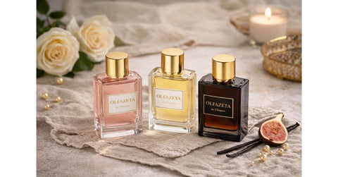 Flacons de parfums Olfazeta by Chogan posés sur un tissu beige avec une ambiance douce et réaliste