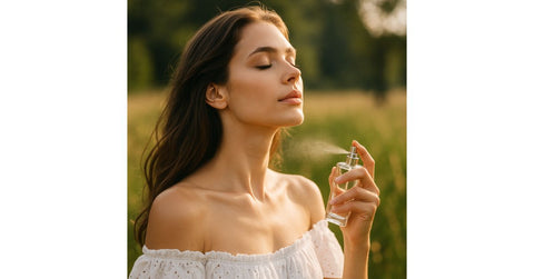 Jeune femme dans un champ ensoleillé, symbolisant l’harmonie entre parfum Chogan et les saisons.