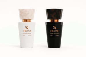 Parfums homme et femme Olfazeta – flacons élégants sur fond blanc